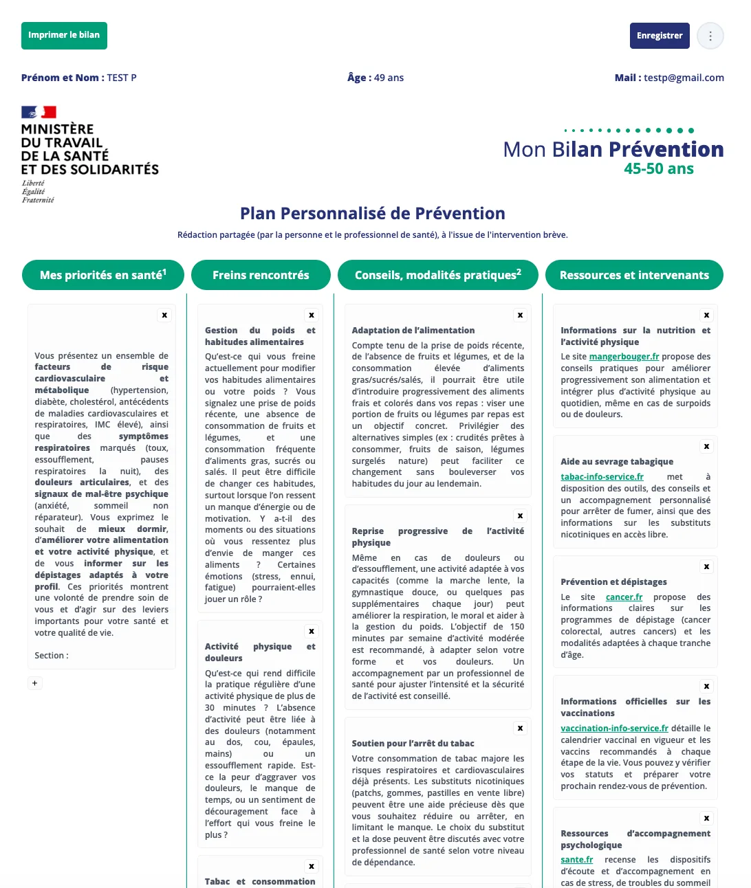Plan Personnalisé de Prévention généré par Prédilis à l'issue du bilan