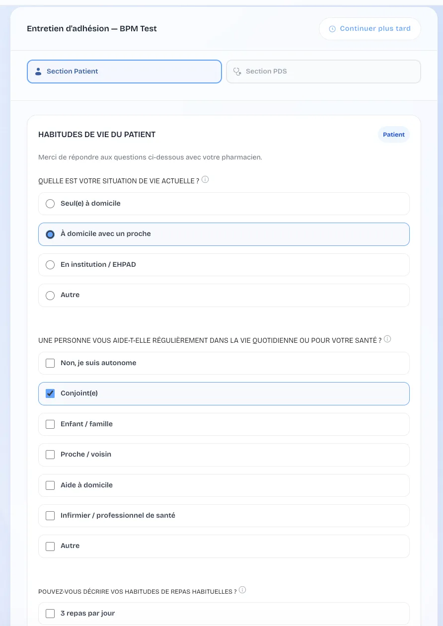 Recueil patient autonome et questionnaire du BPM dans Prédilis