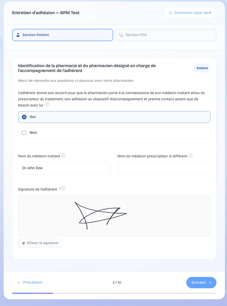 Formulaire d'adhésion et signature du patient pré-remplis dans Prédilis