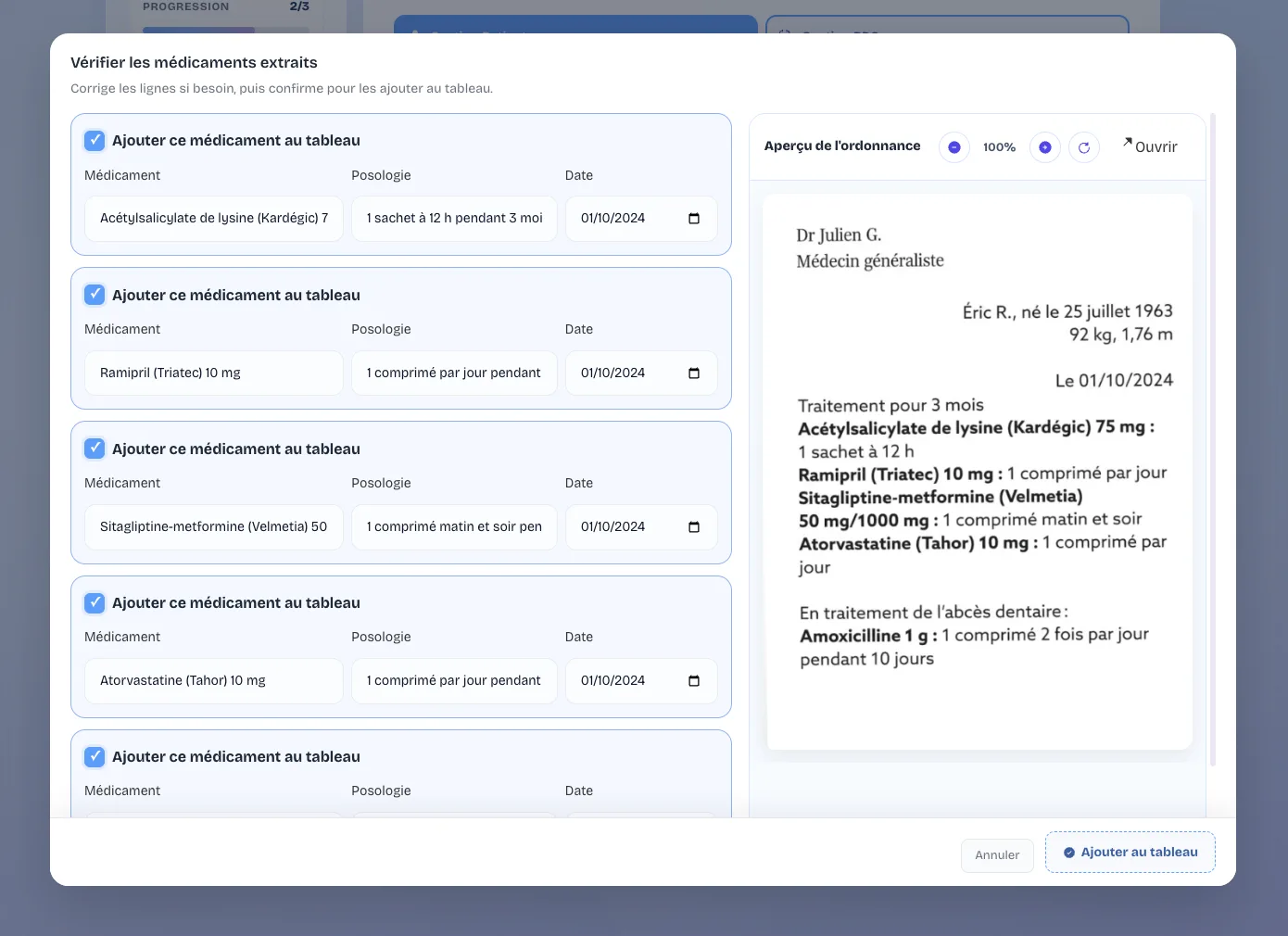 Scan IA de l'ordonnance connecté à la BDPM dans Prédilis