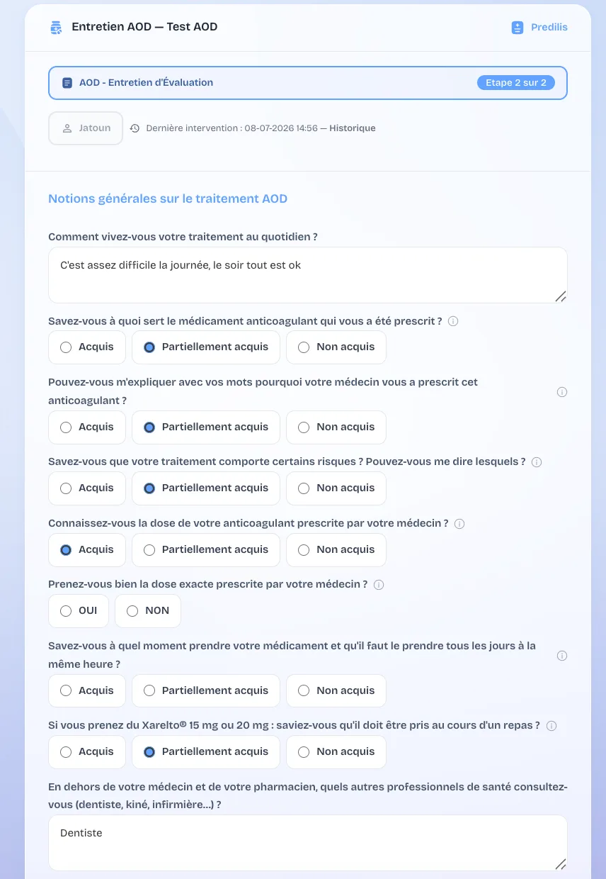 Adhésion du patient et questionnaire de l'entretien AOD dans Prédilis