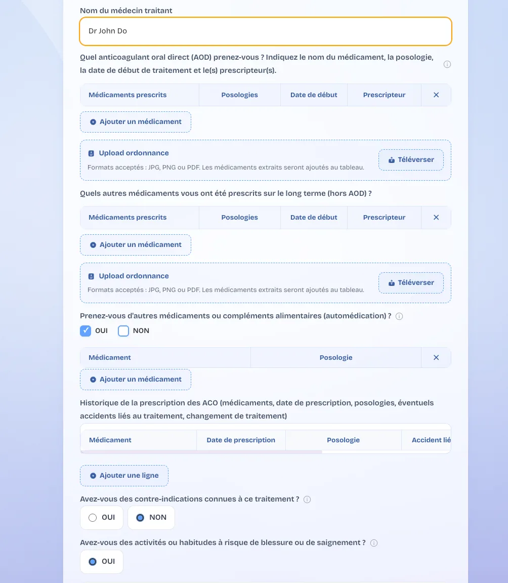 Téléversement et analyse de l'ordonnance d'anticoagulant oral direct dans Prédilis
