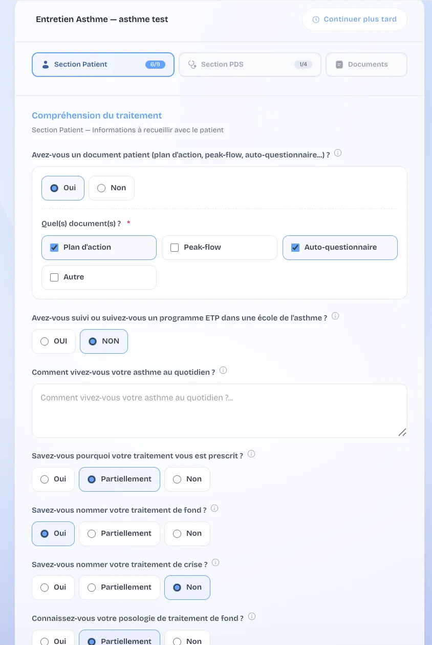 Adhésion du patient et questionnaire de l'entretien asthme dans Prédilis